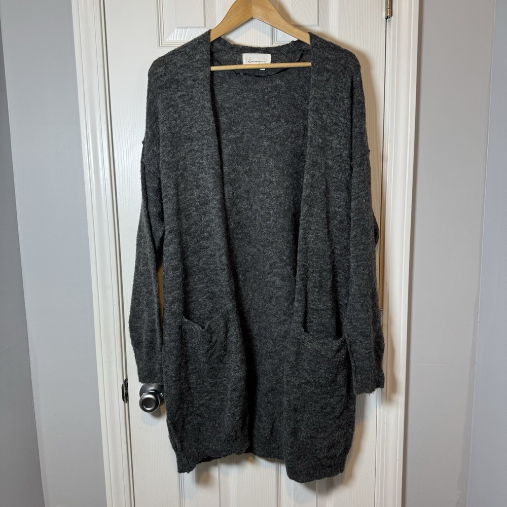 Anthropologie Grey Open Front Cadigan With Pocket Sz Large Wool Blend